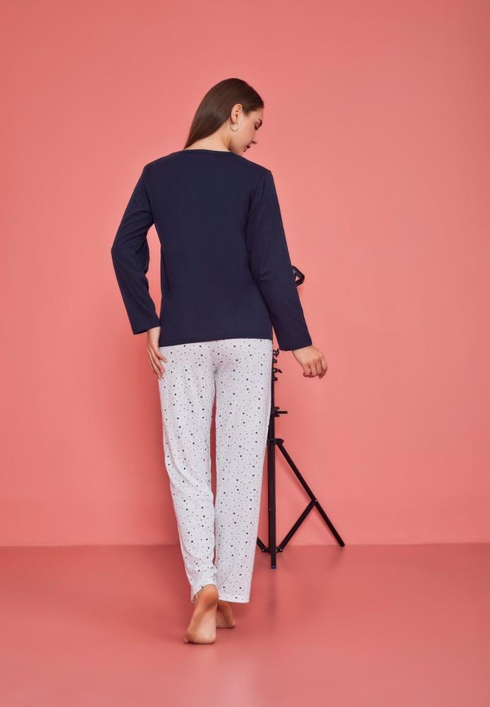 Pijama dama,maneca lunga si pantalon lung, culoare bleumarin,Engros